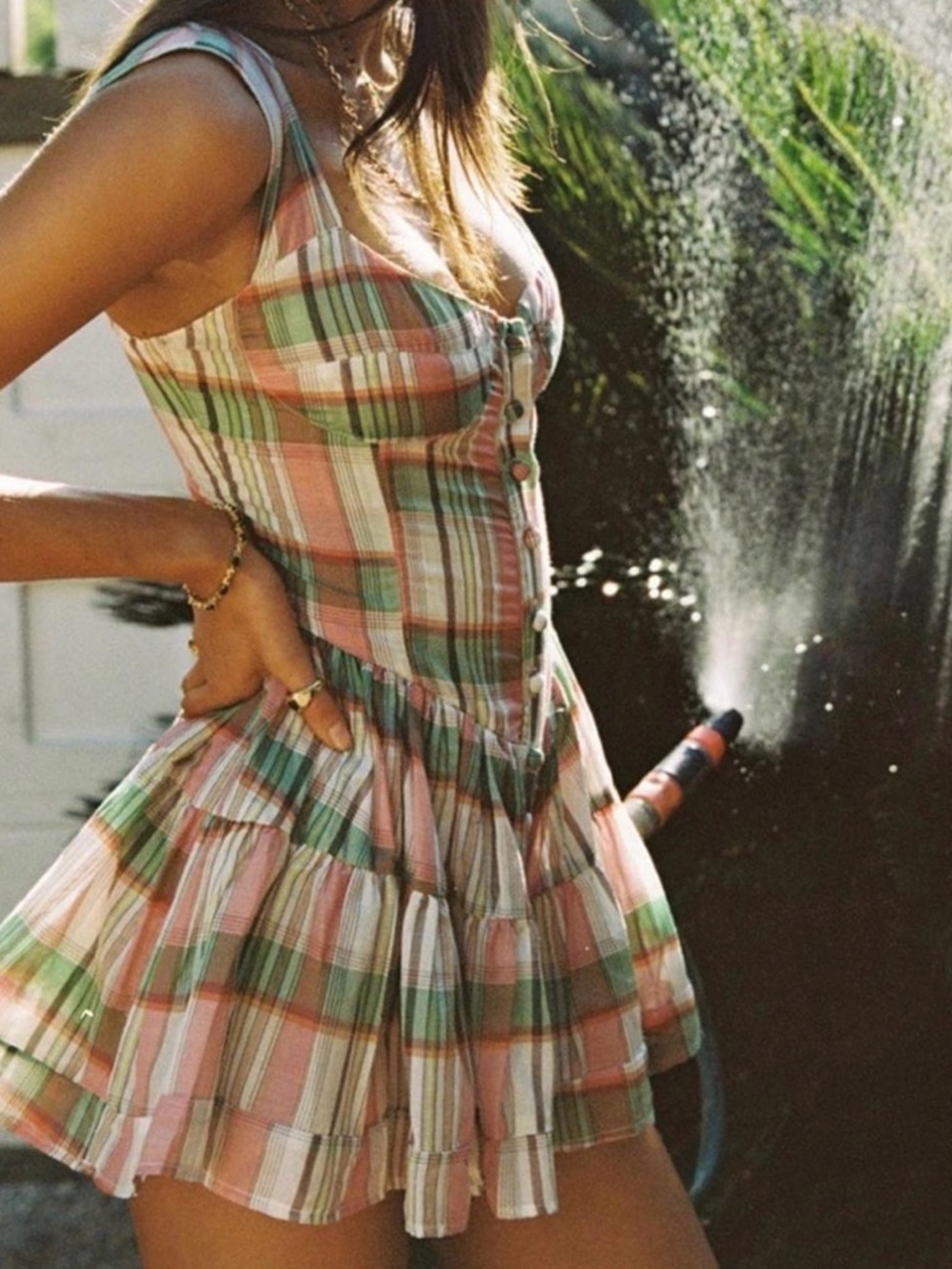 Vanessa Mooney Elisabeth Pink Green White Plaid Mini Dress romper